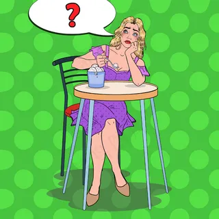 波普艺术独自哭泣吃冰淇淋的女人。绝望的单身女孩在咖啡馆里无聊。