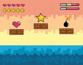 带星星的像素视频游戏场景和带炸弹的心脏