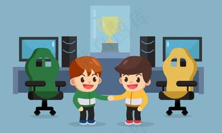 电子竞技玩家赛前握手，电子竞技商业理念。矢量图解字符