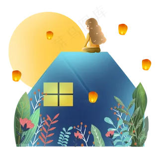 中秋节房顶赏月的女孩素材