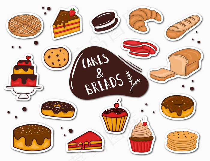 彩色手绘面包和蛋糕贴纸