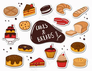 彩色手绘面包和蛋糕贴纸