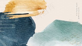 抽象艺术背景，蓝黄水彩纹理。日本波模式与亚洲风格的刷子划横幅banner。