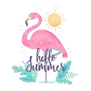 水彩画你好夏天和火烈鸟 水彩画你好夏天和火烈鸟