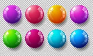 透明背景上的一组有光泽的彩色球