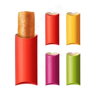 烤馅饼或油炸馅饼的插图，用红色、黄色、深红色和绿色长方形空纸箱包装。在白色背景上隔离