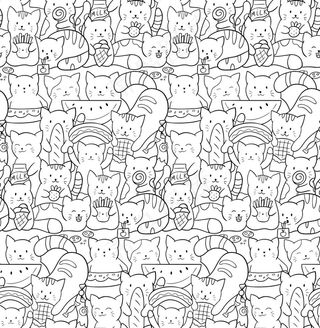 涂鸦与可爱的卡瓦伊猫无缝模式。带着快餐和糖果的小猫。