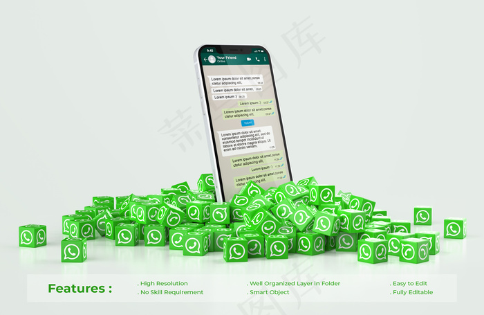 手机上的Whatsapp模型样机上散落着一堆立方体图标Whatsapppsd模版下载
