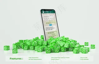 手机上的Whatsapp模型样机上散落着一堆立方体图标Whatsapp