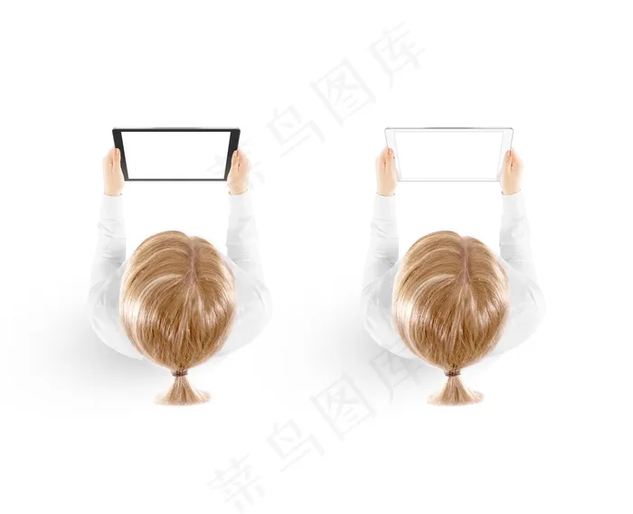 手持平板电脑模型样机的女士俯视图
