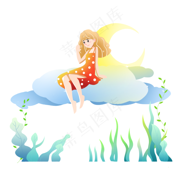 中秋节云朵上的女孩赏月素材