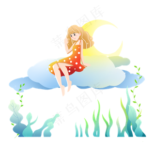 中秋节云朵上的女孩赏月素材