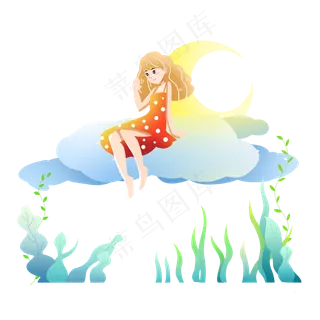 中秋节云朵上的女孩赏月素材 中秋节云朵上的女孩赏月素材