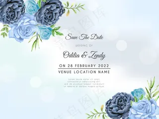 手绘蓝玫瑰婚礼请柬模板
