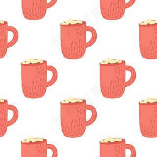 冬季舒适的无缝图案与热巧克力杯装饰。白色背景上的粉红色印花。非常适合织物设计、织物印花、包装