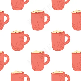冬季舒适的无缝图案与热巧克力杯装饰。白色背景上的粉红色印花。非常适合织物设计、织物印花、包装