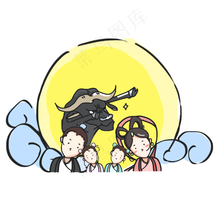 手绘七夕节牛郎织女卡通人物