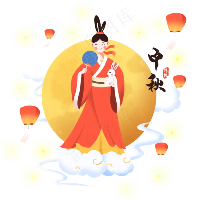 中秋节怀抱玉兔扇扇子的嫦娥(2000X2000(DPI:300))psd模版下载
