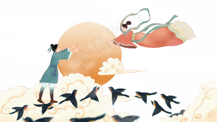 七夕情人节牛郎织女鹊桥相会场景(2880X1620(DPI:300))psd模版下载