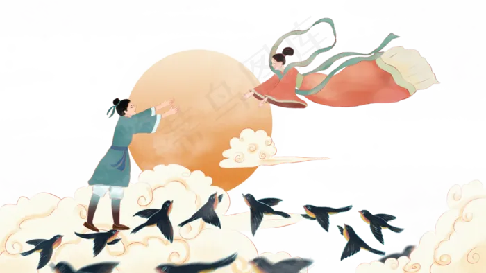 七夕情人节牛郎织女鹊桥相会场景(2880X1620(DPI:300))psd模版下载