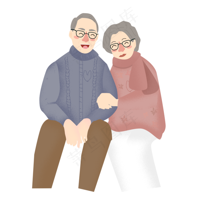 卡通恩爱老爷爷老奶奶人物插画可