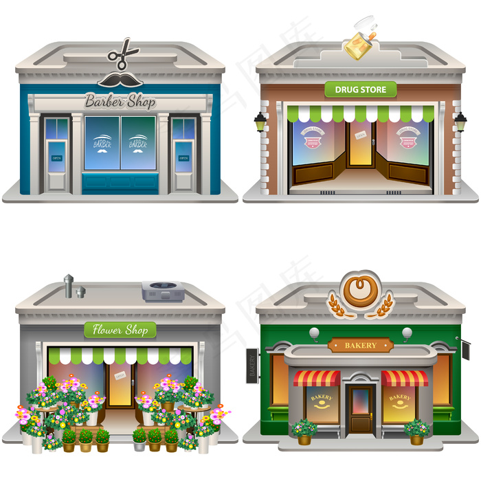 建筑。理发店，药店，花店，面包店。