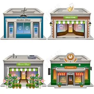 建筑。理发店，药店，花店，面包店。