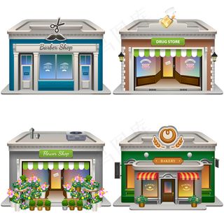 建筑。理发店，药店，花店，面包店。