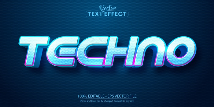 Techno 文字，霓虹风格的可编辑文字效果eps,ai矢量模版下载
