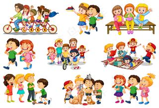 一组不同的孩子玩他们的玩具卡通人物隔离在白色背景