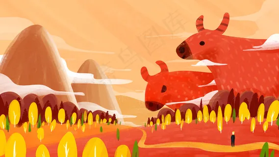 红色手绘风2021牛年田野 红色手绘风2021牛年田野