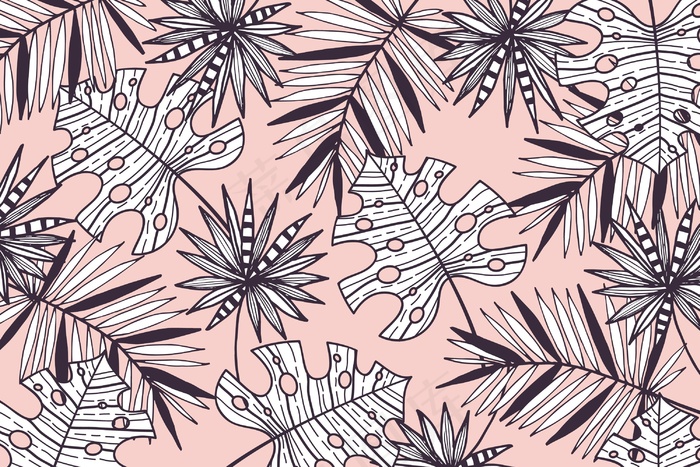 线性热带叶子，有柔和的颜色背景