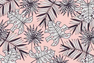 线性热带叶子，有柔和的颜色背景