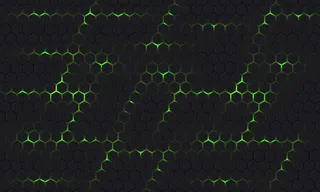 深灰色和绿色技术六边形矢量背景与绿色明亮的能量闪烁下蜂窝状纹理网格。