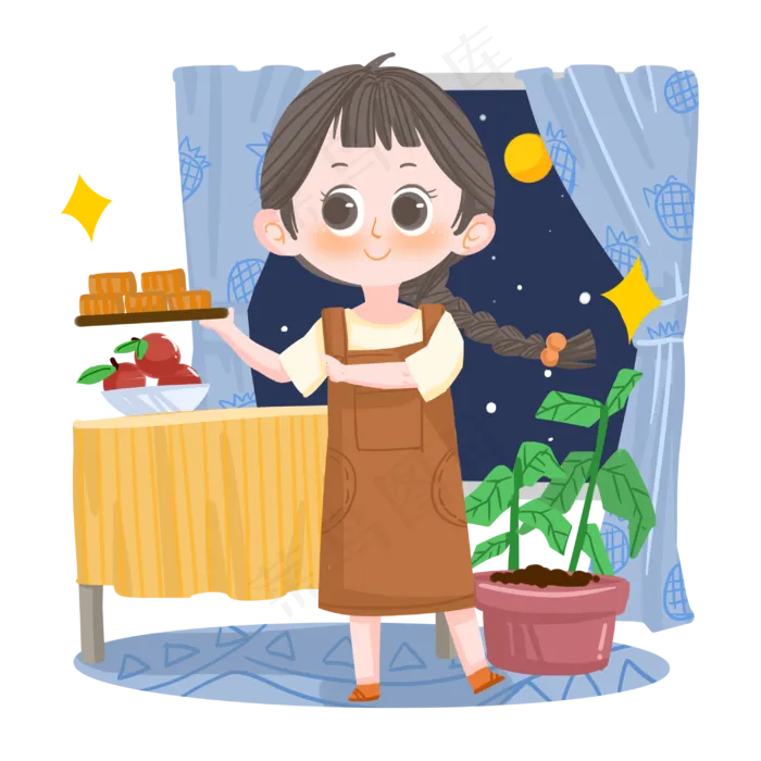 中秋节卡通女孩吃月饼PNG素材(3000X3000(DPI:300))psd模版下载
