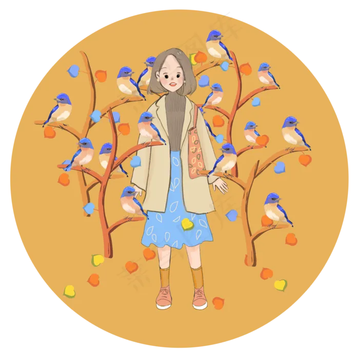 秋天秋日秋季金色落叶姑娘可爱清(2000X2000(DPI:300))psd模版下载