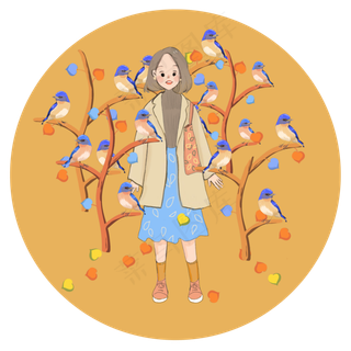 秋天秋日秋季金色落叶姑娘可爱清