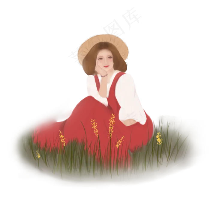 秋天坐在草地上的红裙金发女孩(2000X2000(DPI:72))psd模版下载