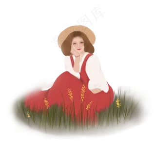 秋天坐在草地上的红裙金发女孩