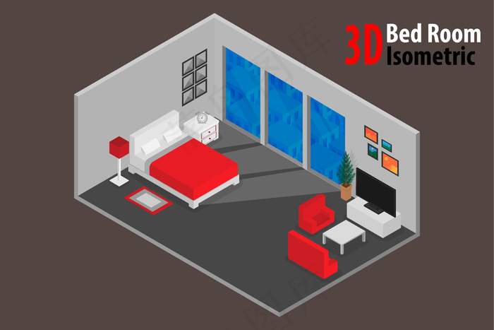 带床和配件的室内卧室设计