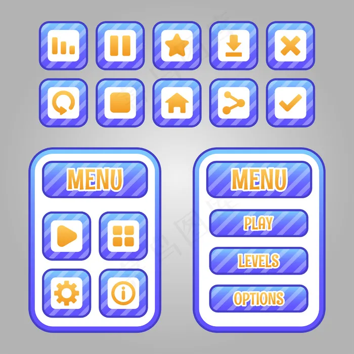 rpg和冒险游戏的一套游戏菜单选择，包括菜单、关卡选择和选项。eps,ai矢量模版下载