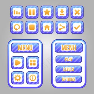 rpg和冒险游戏的一套游戏菜单选择，包括菜单、关卡选择和选项。