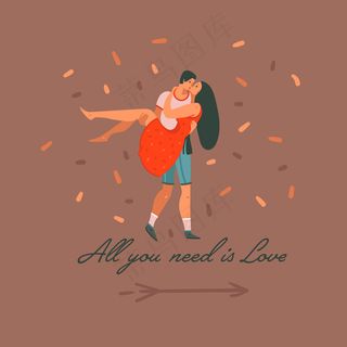 手绘插画卡夫妇和所有你需要的是爱的文本孤立在彩色背景