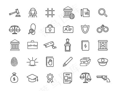 一组线性图标。简单设计的法律图标。