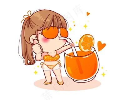 穿着比基尼的可爱女孩站着吮吸橙汁卡通插图 穿着比基尼的可爱女孩站着吮吸橙汁卡通插图