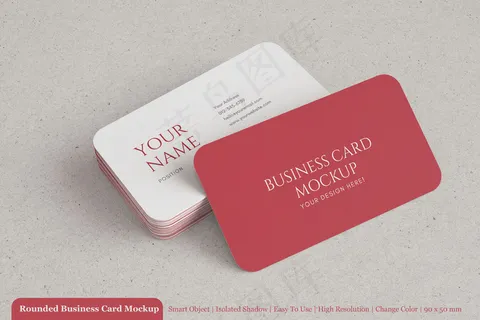 一堆90x50毫米现代圆形名片模型样机，带纹理纸
