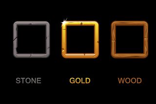 一组正方形的应用程序图标，在黑色背景上隔离的纹理框架，ui游戏或网页设计的元素