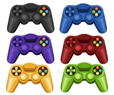 一套彩色无线游戏垫。电子游戏控制器。用于pc或控制台游戏的gamepad。白色背景上的插图。