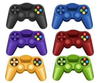 一套彩色无线游戏垫。电子游戏控制器。用于pc或控制台游戏的gamepad。白色背景上的插图。