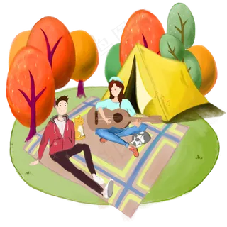 秋日郊游露营野餐吉它秋色PNG图